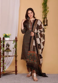 Pehnava Pure Cambric Cotton Women's Straight Kurta Pant Dupatta Set - Dark Green, L/40