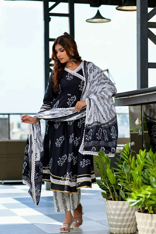 Pehnava Women's Cambric Cotton Angrakha Suit Set  - Black, M/38