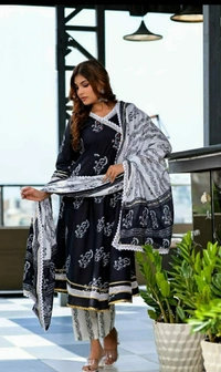 Pehnava Women's Cambric Cotton Angrakha Suit Set  - Black, M/38