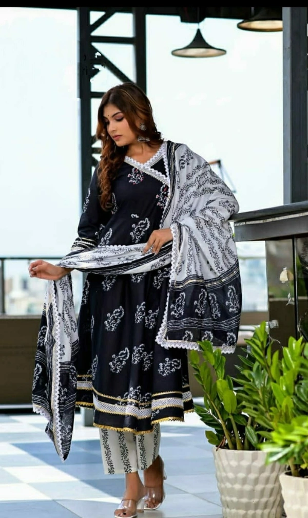 Pehnava Women's Cambric Cotton Angrakha Suit Set  - Black, M/38