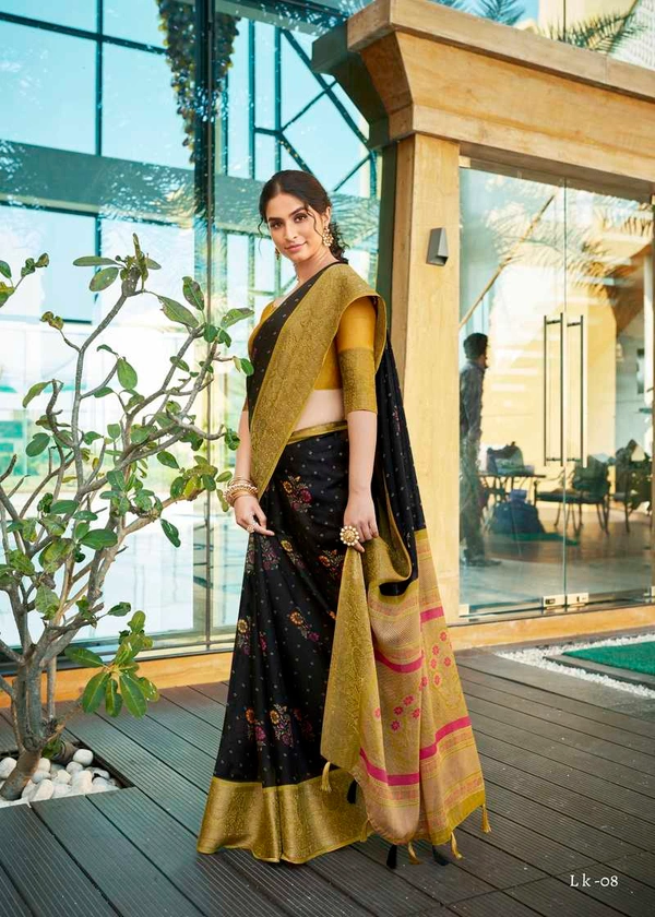 Pehnava Beautiful Linen Cotton Jacquard Weaving Border Saree W/Blouse - Royal Black, 6.3 Mtrs W/ Blouse