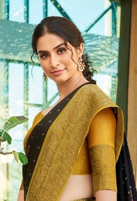 Pehnava Beautiful Linen Cotton Jacquard Weaving Border Saree W/Blouse - Royal Black, 6.3 Mtrs W/ Blouse