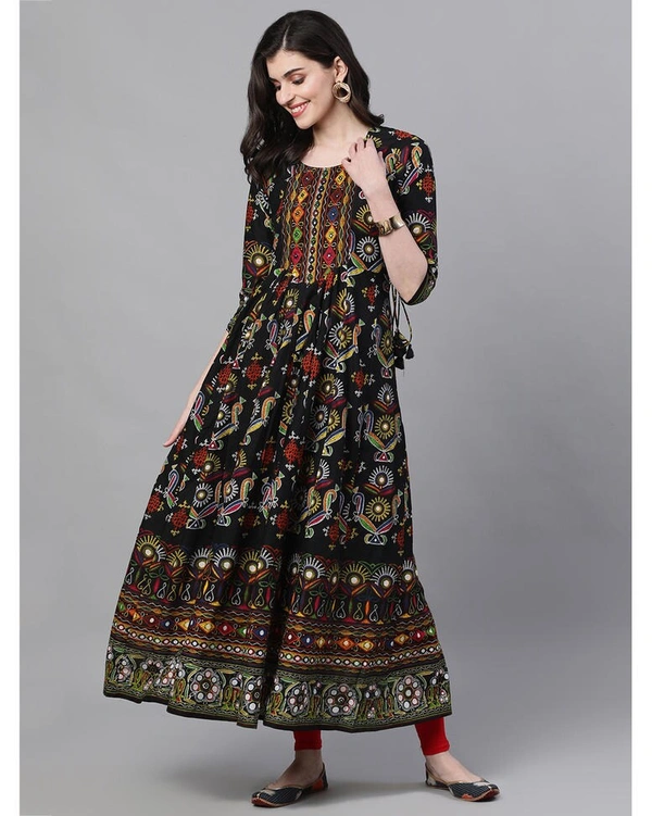 Ishin Black Gatha Print Anaarkali Kurta  - Medium, Black