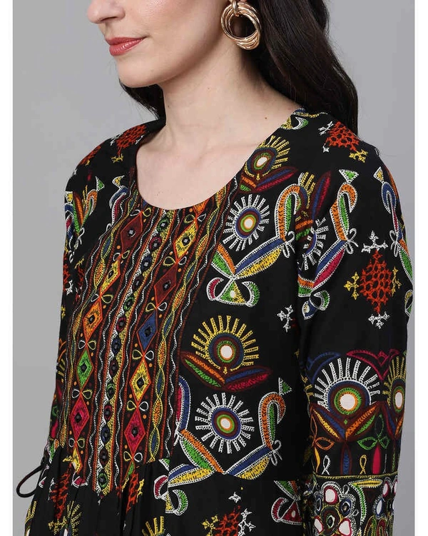 Ishin Black Gatha Print Anaarkali Kurta  - Medium, Black