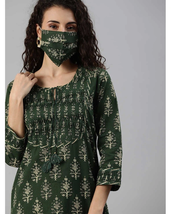 Ishin Pure Cotton Printed Kurta And Plazzo Set - Dark Green, Medium