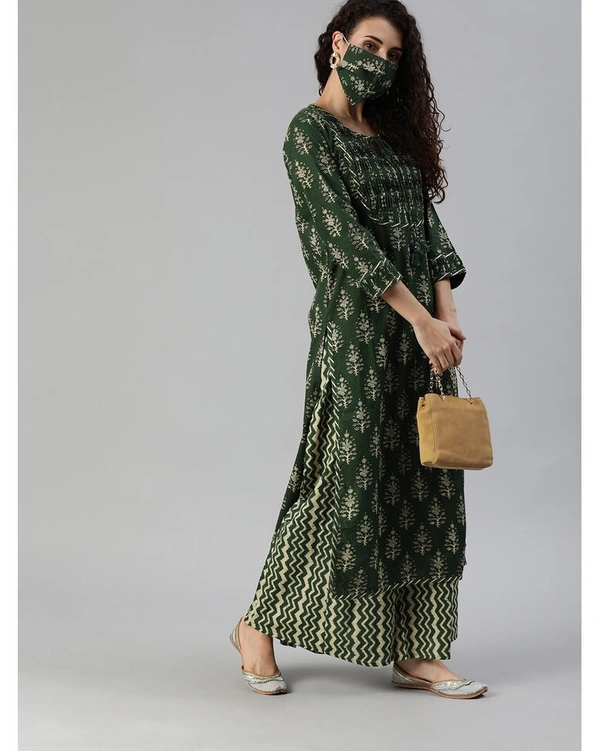 Ishin Pure Cotton Printed Kurta And Plazzo Set - Dark Green, Medium
