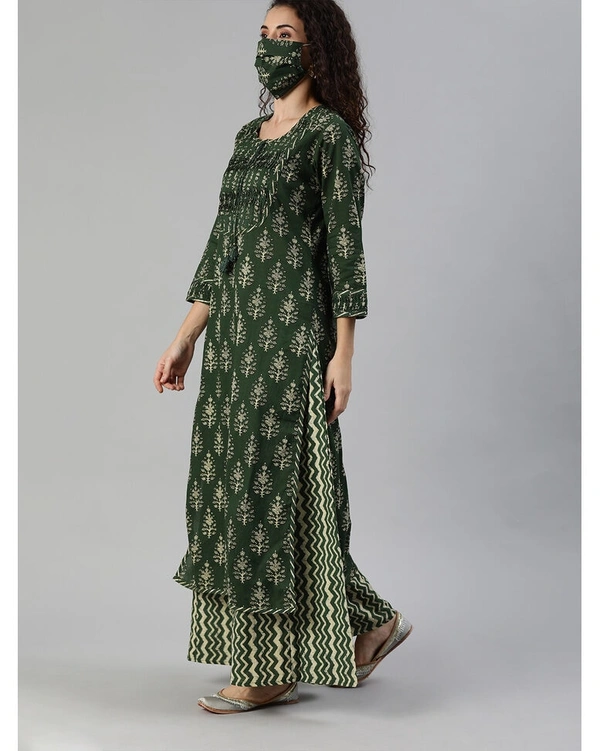 Ishin Pure Cotton Printed Kurta And Plazzo Set - Dark Green, Medium