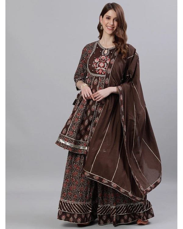 Ishin Pure Cotton Embroidered Suit Set  - Brown, Medium