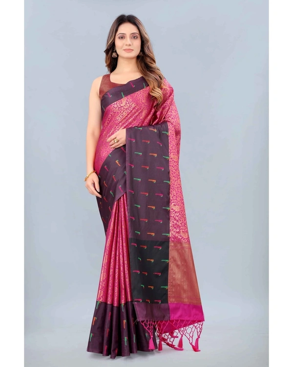 Pehnava Women's Kanjeevaram Silk Woven Design Pink Saree With Blouse - Pink, 6.3 Mtra With Blouse