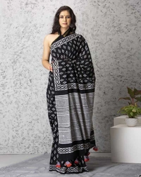 Pehnava Pure Mulmul Block Printed Saree With Blouse - Black, 6.3 Mtrs With Blouse