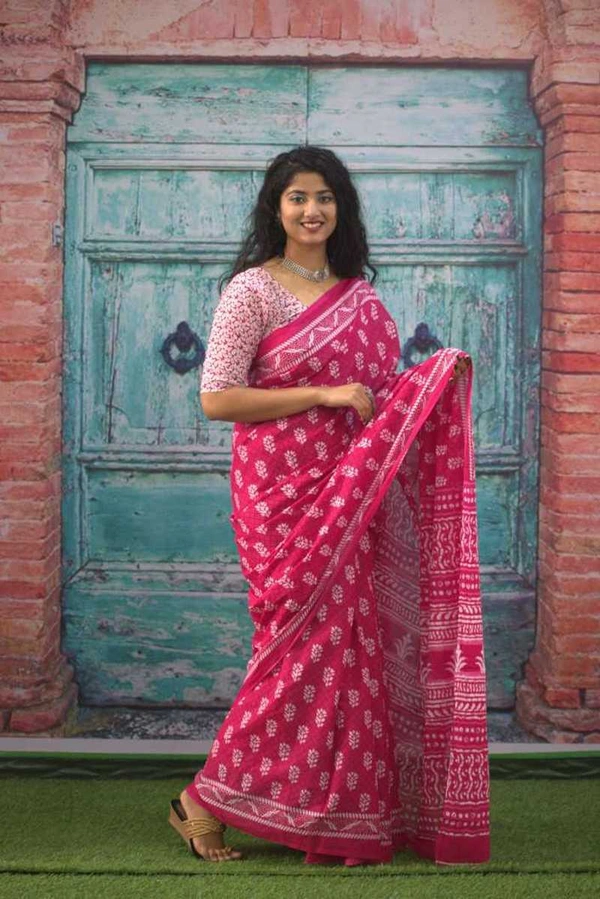 Pehnava Pure Mulmul Block Printed Saree With Blouse - 6.3 Mtrs With Blouse, Pink
