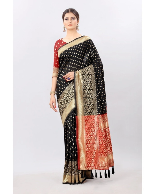 Pehnava Women's Banarsi Silk Woven Designer Saree With Blouse - Black, 6.3 Mtrs With Blouse