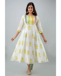 Women's Cotton Printed Anarkali Kurta Pant And Dupatta Set - White, Medium