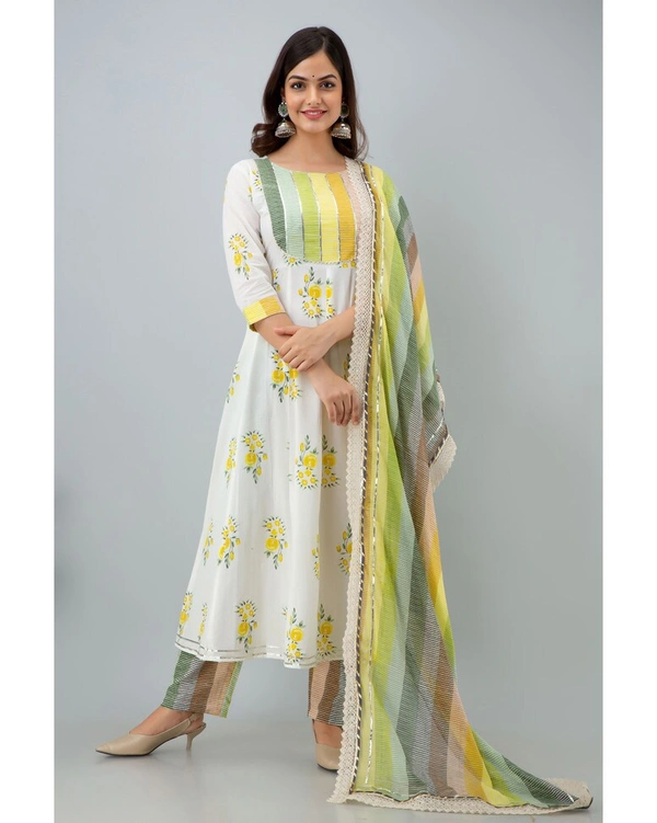 Women's Cotton Printed Anarkali Kurta Pant And Dupatta Set - White, Medium