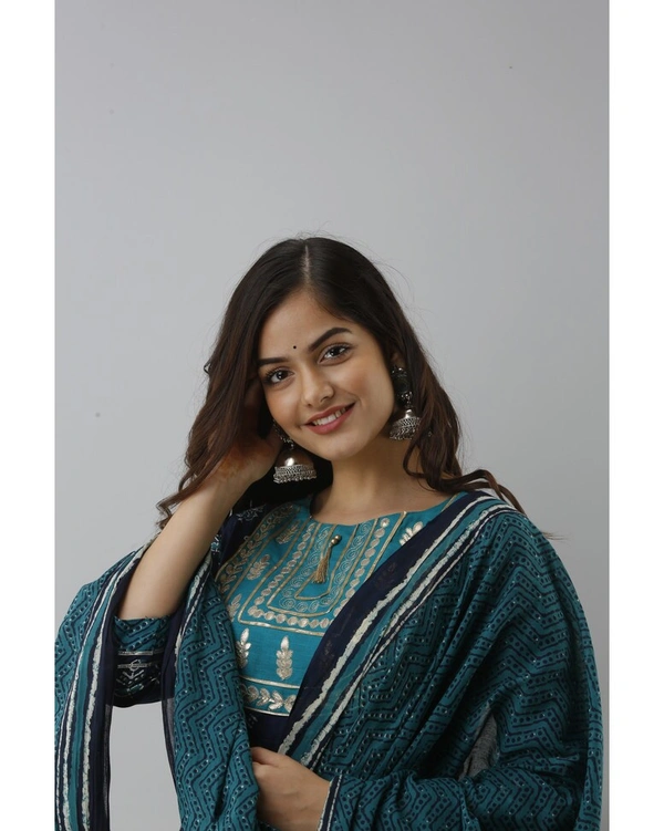 Pehnava Women's Cotton Embellished Anarkali Kurta Pant And Dupatta Set - Blue, L/40
