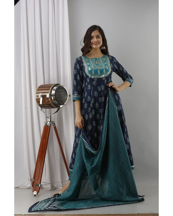 Pehnava Women's Cotton Embellished Anarkali Kurta Pant And Dupatta Set - Blue, L/40