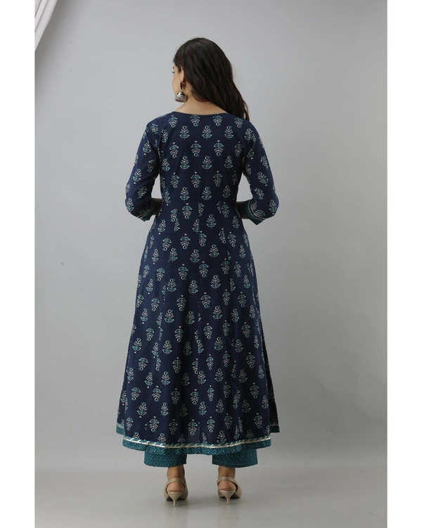 Pehnava Women's Cotton Embellished Anarkali Kurta Pant And Dupatta Set - Blue, L/40