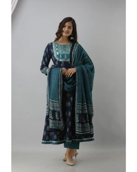 Pehnava Women's Cotton Embellished Anarkali Kurta Pant And Dupatta Set - Blue, L/40