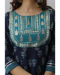 Pehnava Women's Cotton Embellished Anarkali Kurta Pant And Dupatta Set - Blue, L/40