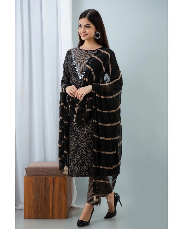 Pehnava Women's Cotton Embroidered A-Line Kurta Pant Dupatta Set - Black, Medium