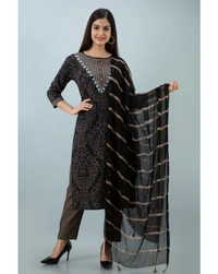 Pehnava Women's Cotton Embroidered A-Line Kurta Pant Dupatta Set - Black, Medium