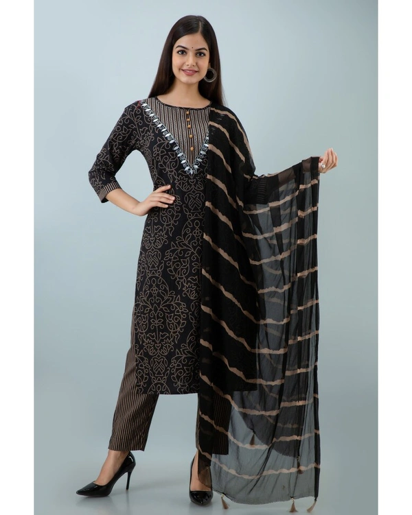 Pehnava Women's Cotton Embroidered A-Line Kurta Pant Dupatta Set - Black, Medium