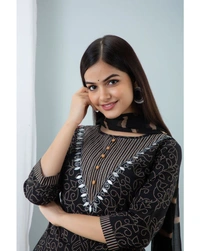 Pehnava Women's Cotton Embroidered A-Line Kurta Pant Dupatta Set - Black, Large 