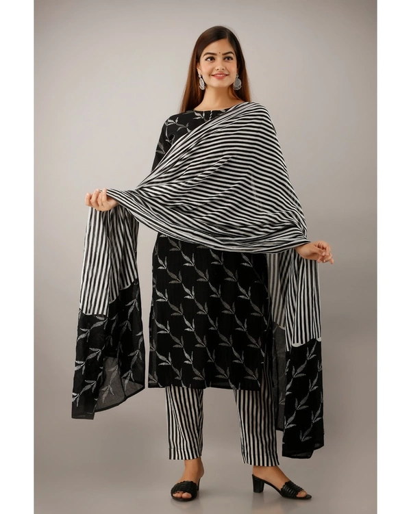 Pehnava Women's Cotton Printed A-Line Kurta Pant Dupatta Set - Black, Large 