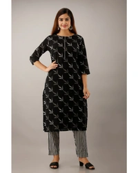 Pehnava Women's Cotton Printed A-Line Kurta Pant Dupatta Set - Black, Large 