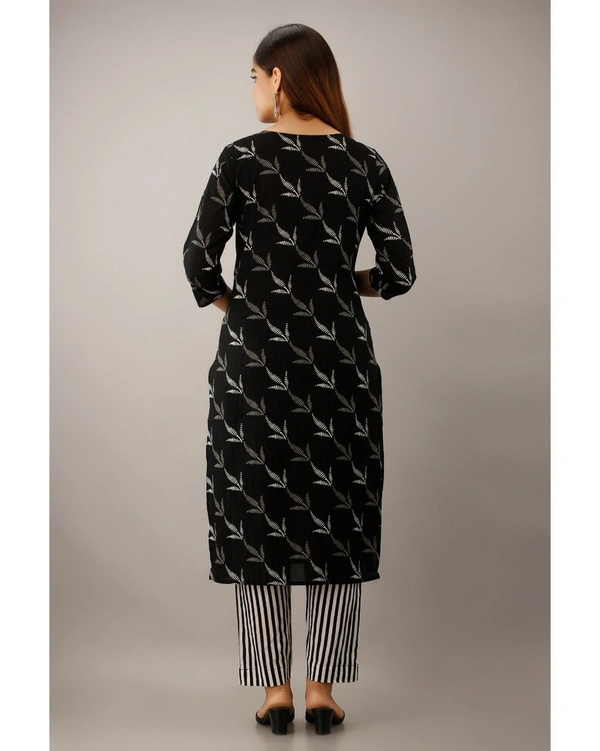 Pehnava Women's Cotton Printed A-Line Kurta Pant Dupatta Set - Black, Large 