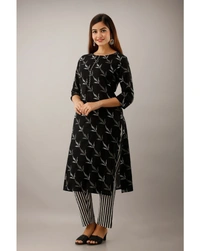 Pehnava Women's Cotton Printed A-Line Kurta Pant Dupatta Set - Black, Large 