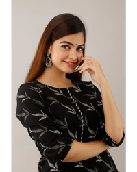 Pehnava Women's Cotton Printed A-Line Kurta Pant Dupatta Set - Black, Large 