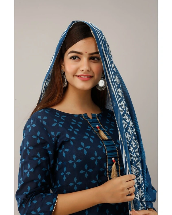 Pehnava Women's Cotton Printed A-Line Kurta Pant Dupatta Set - Large, Blue