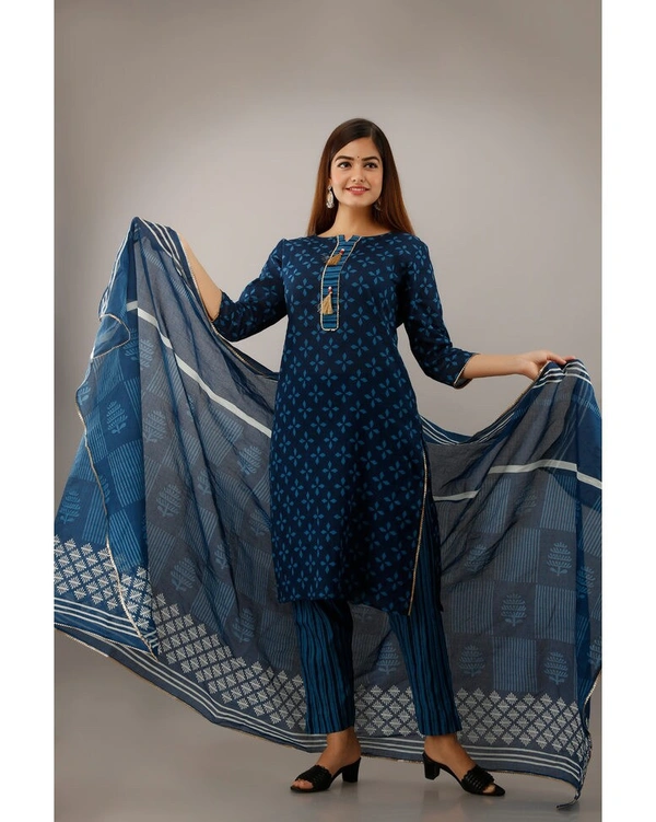 Pehnava Women's Cotton Printed A-Line Kurta Pant Dupatta Set - Large, Blue