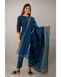 Pehnava Women's Cotton Printed A-Line Kurta Pant Dupatta Set - Large, Blue