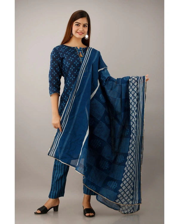 Pehnava Women's Cotton Printed A-Line Kurta Pant Dupatta Set - Large, Blue