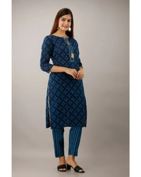 Pehnava Women's Cotton Printed A-Line Kurta Pant Dupatta Set - Large, Blue