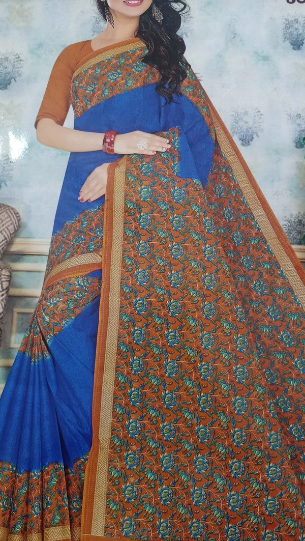 Mala Cotton Saree - Blue & Red, Free