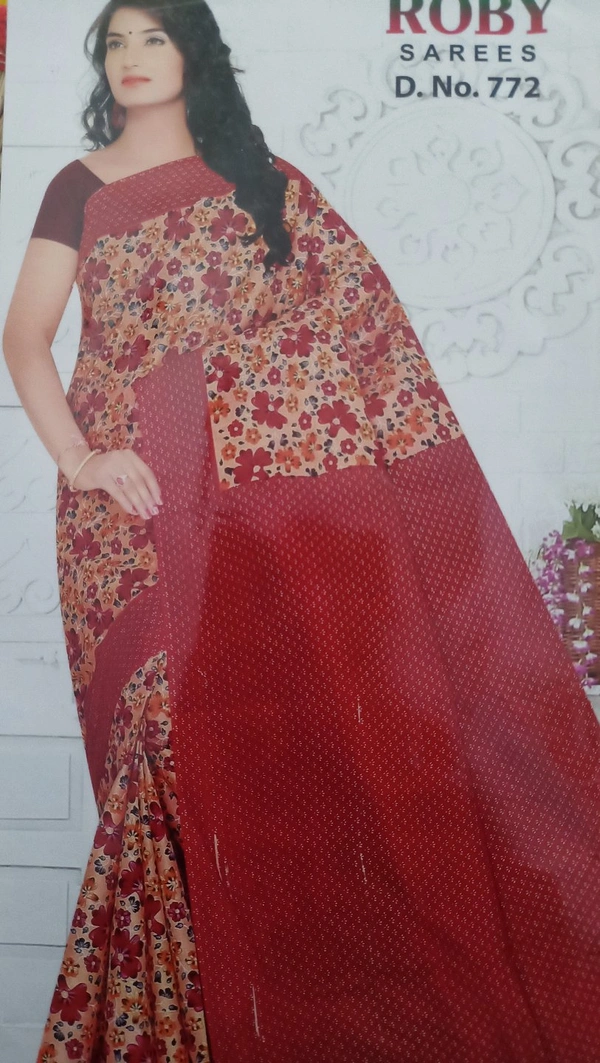 Roby Cotton Saree - Red & white, Free