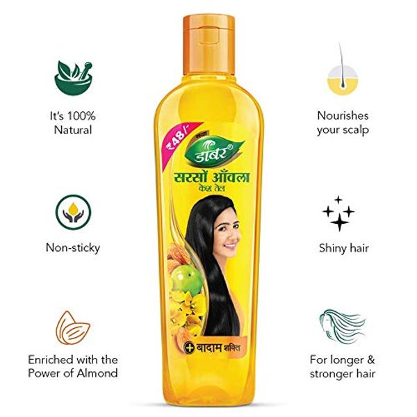 Dabur Sarso Amla Hair Oil - For Longer & Stronger Hair, 100% Natural, Enriched with Almond, 175 ml - 80 ml.