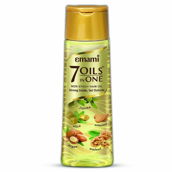 Emami 7 Oils In One | Non Sticky & Non Greasy Hair Oil | 20 Times Stronger Hair | Nourishes Scalp | Free of Sulphates, Parabens and Chemicals | With Goodness of Almond Oil, Coconut Oil, Argan Oil and Amla  300 Ml.
