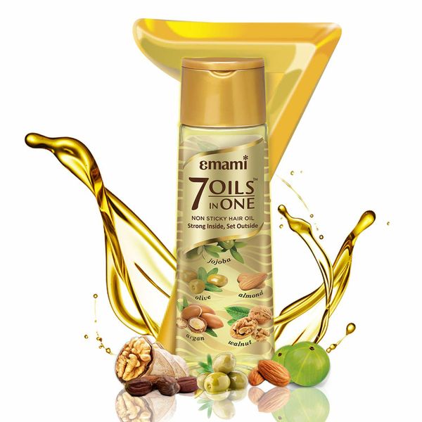 Emami 7 Oils In One | Non Sticky & Non Greasy Hair Oil | 20 Times Stronger Hair | Nourishes Scalp | Free of Sulphates, Parabens and Chemicals | With Goodness of Almond Oil, Coconut Oil, Argan Oil and Amla - 100 ml.