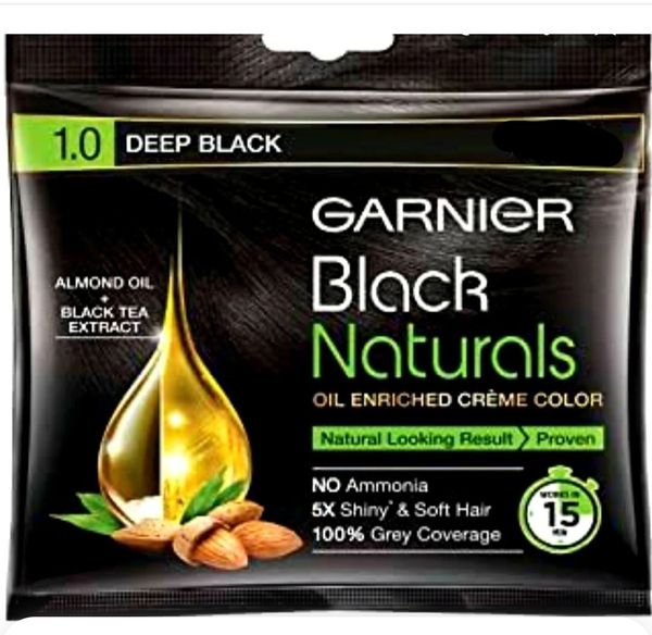 Garnier Black Naturals Oil Enriched Cream Hair Colour - 1.0 Deep Black(20gm+20ml) - 