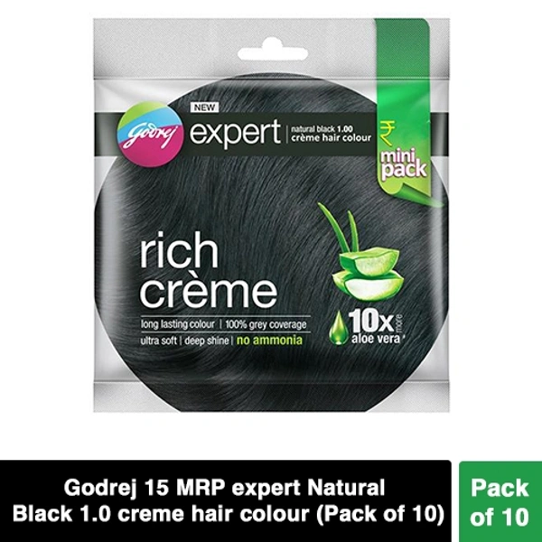 Godrej 15 MRP. expert Natural Black 1.0 Creme Hair Colour  (Pack Of 10)
