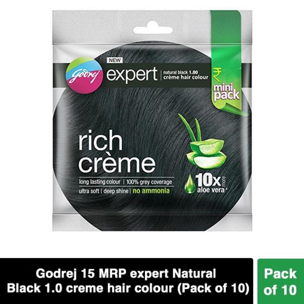 Godrej 15 MRP. expert Natural Black 1.0 Creme Hair Colour  (Pack Of 10)