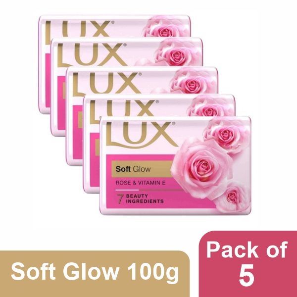 Lux Rose & Vitamin E Soft Glowing Skin Soap Bar 100 Gm.×5  Pcs Set
