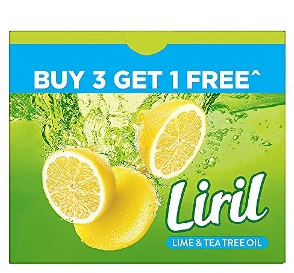 HUL Liril Lime and Tea Tree Oil Soap, Refreshing Bathing Soap With Fragrance & Freshness of Lemon, Paraben & Sulphate Free Cleanser, 125 g (Buy 3 Get 1) 