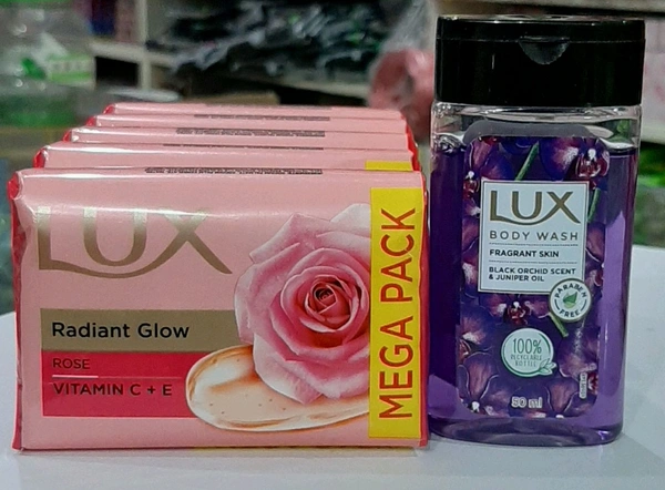 Lux Soap Set 5 Pcs + Free Lux Body Wash Fragrant Skin Black Orchid - ROSE, PINK, 100GM*5 PCS
