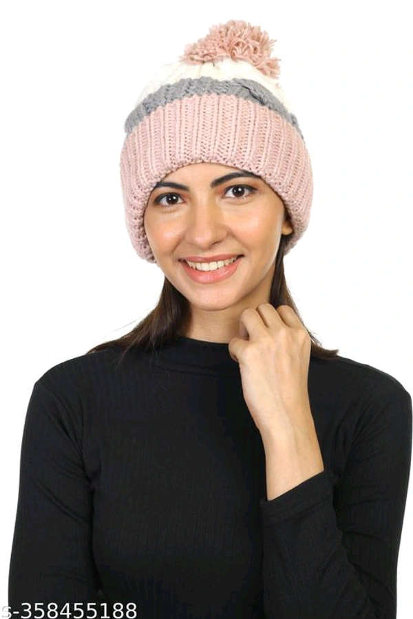 Cozy Hand-Knitted Women's Cap - 3 Color Shades & Pom Pom  BB-98MH - 1