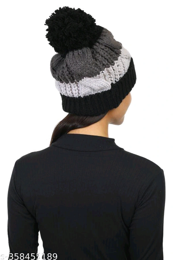 Cozy Hand-Knitted Women's Cap - 3 Color Shades & Pom Pom  BB-98MH - 2